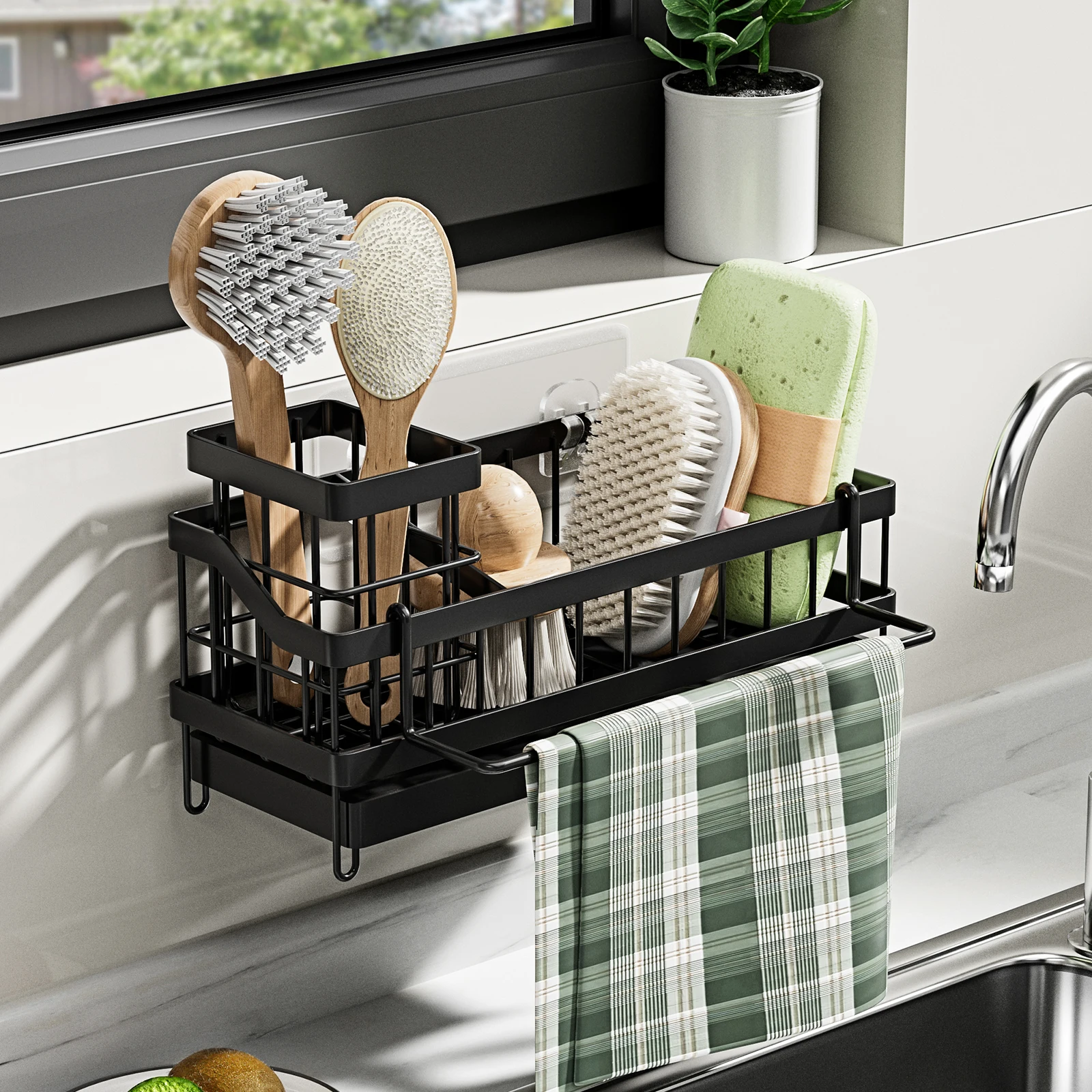 1pc Kitchen Sink Sponge Drain Rack Sponge Towel Brush Cleaner Storage Wall mouted style Countertop style Black