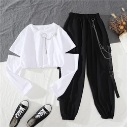 Harajuku Black Cargo Pants Women Gothic Chain Hiphop Streetwear Removable Sleeve Tops And Casual Pants Female Baggy Trousers