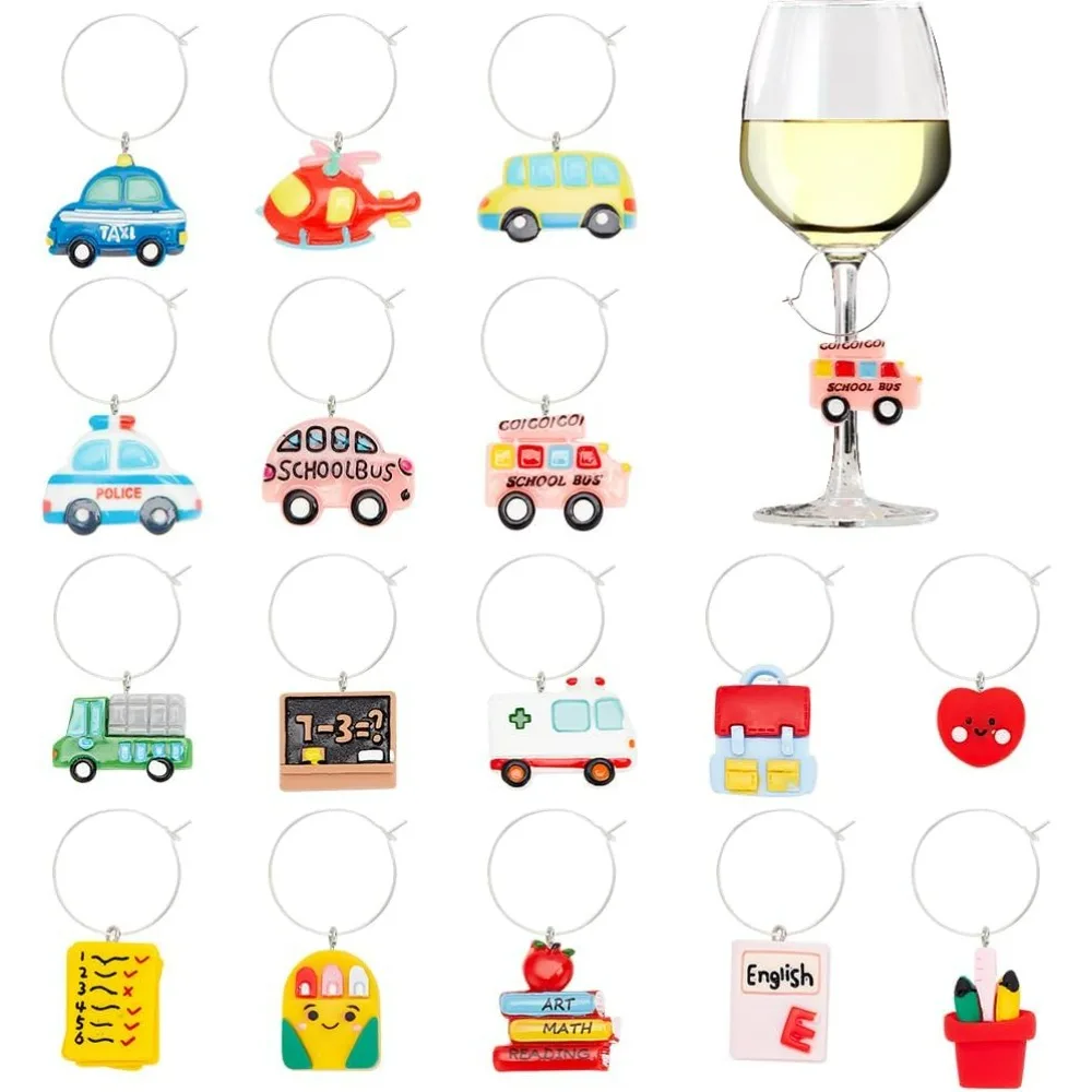 16Pcs School Resin Wine Glass Charms, Book School Bus Wine Identification Drink Markers Tags with Iron Loops for Graduation