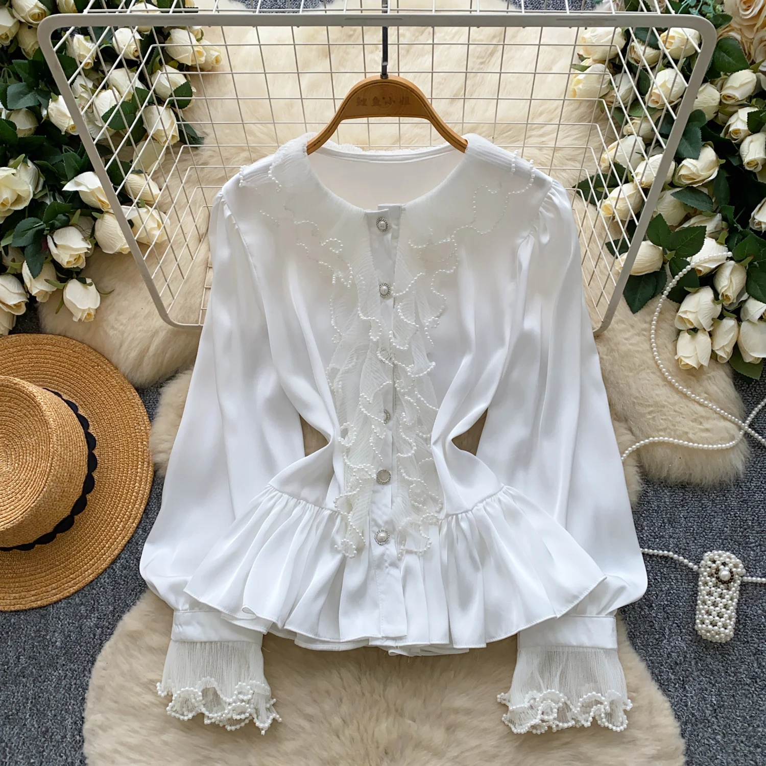 

Женские романтические топы с оборками и бисером, рубашки, женские зимне-осенние роскошные модные блузки, официальная рубашка для офиса, деловой вечеринки, свадьбы