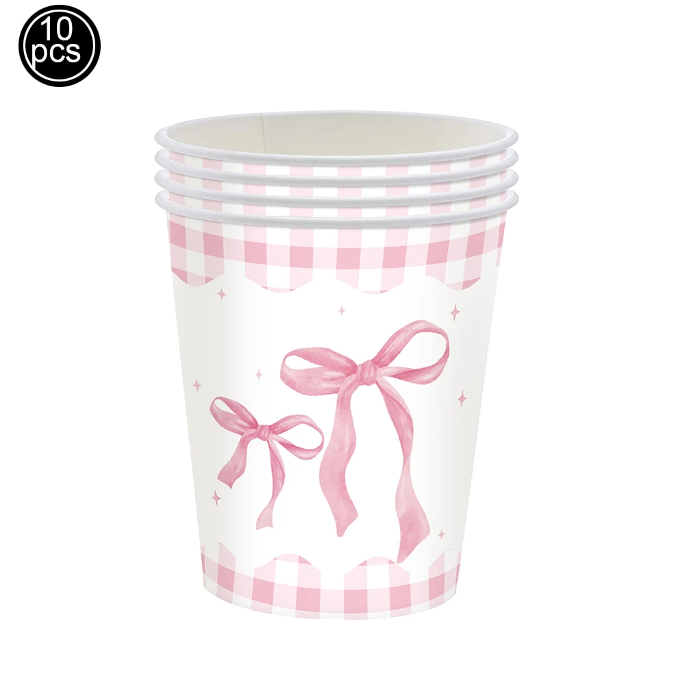 Schleife Rosa Einweg-Strohhalme Tassen Pappteller Tablett Serviette Popcorn Boxen Mädchen Geburtstag Schleife Thema Party Dekorationen Partyzubehör – Detail 5