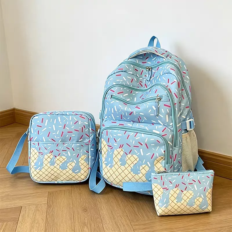Cute Ice Cream Pattern Backpack 3 In 1 Set Girls Student School Bag Fashion Crossbody Bag Pencil Pouch Travel Daypack