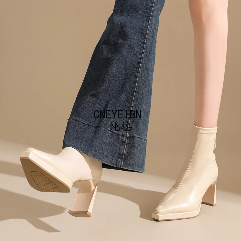 Botines de tacón grueso con punta afilada para mujer, con cremallera trasera, elásticos, ajustados, cortos, elegantes, de tacón alto, botas para mujer.