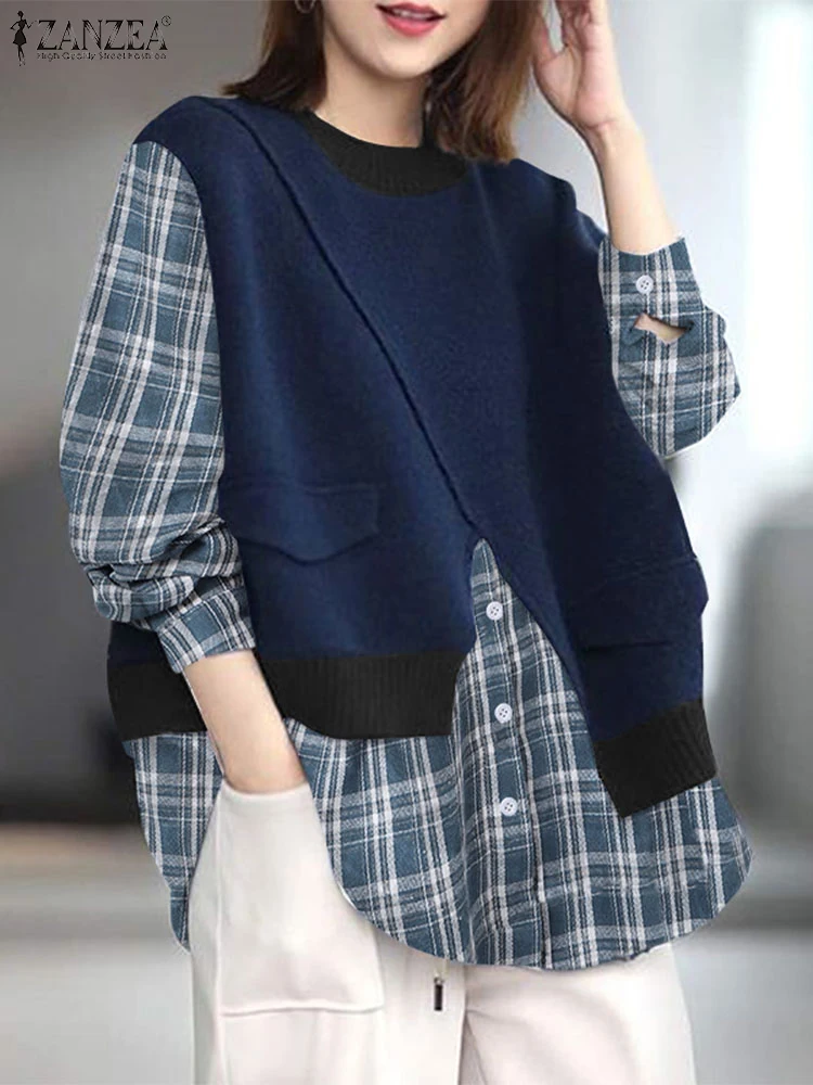 Vintage Plaid Checked Pullover Loose Patchwork Shirt ZANZEA Women Fake Two Pieces Tops Casual Autumn Blouse Spring Streetwear