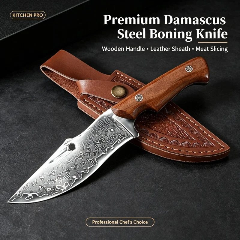 Damascus Pattern Kitchen Knife High Carbon Stainless Steel Curved Blade Meat Cleaver Wood Handle for Camping BBQ Cooking