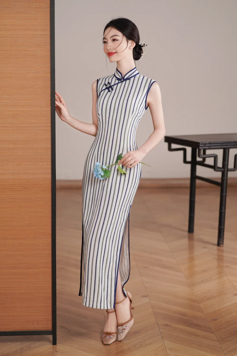

Elegant Striped Print Long Cheongsam Summer Chinese Style Women Girls Streetwear Sweet Dress Qipao