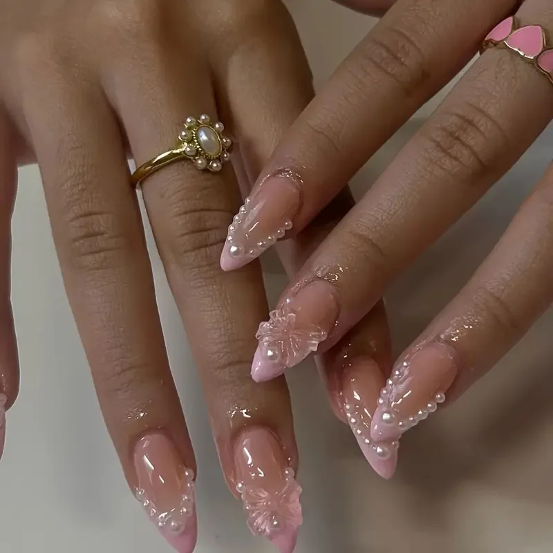 24 قطعة القوس اللؤلؤ تصميم الأظافر وهمية نصائح بسيطة الوردي الفرنسية طويلة اللوز الصحافة على رسومات أظافر أورورا أظافر صناعية مجموعة قابلة لإعادة الاستخدام مانيكير