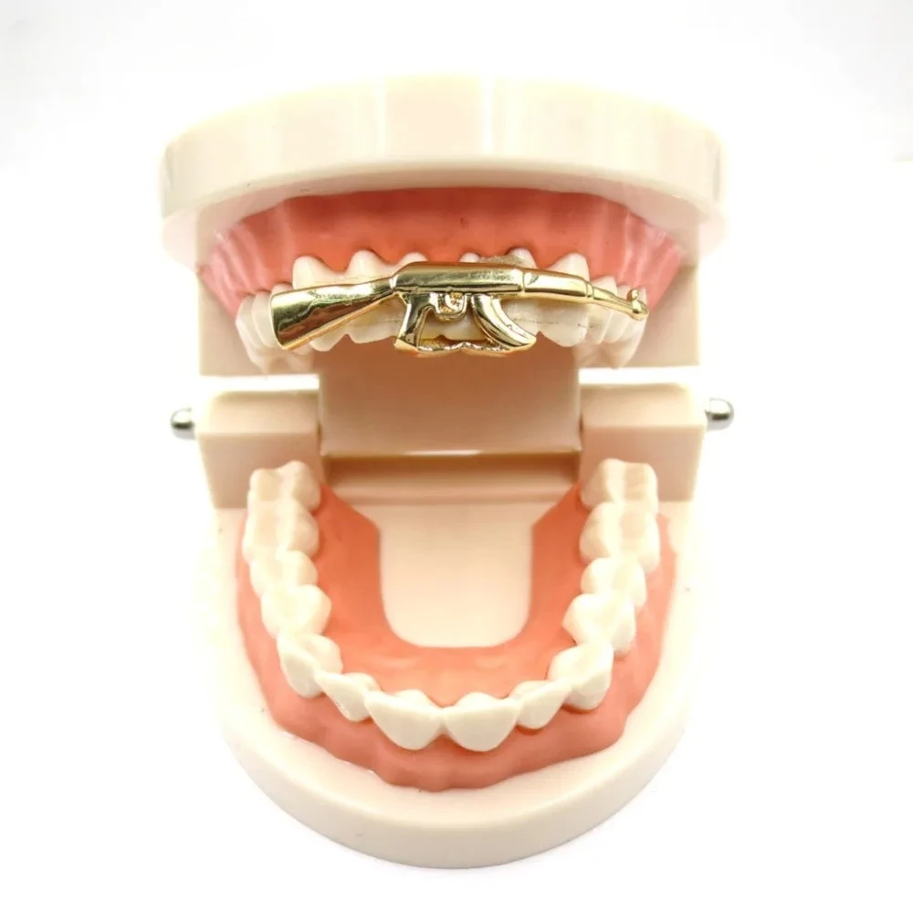 Teeth For Men Women Rock AK47 Rifle Grillz Cap Top Grills AK Gold Grillz On Teeth Cosplay Party Teeth Caps Rapper Body Jewelry