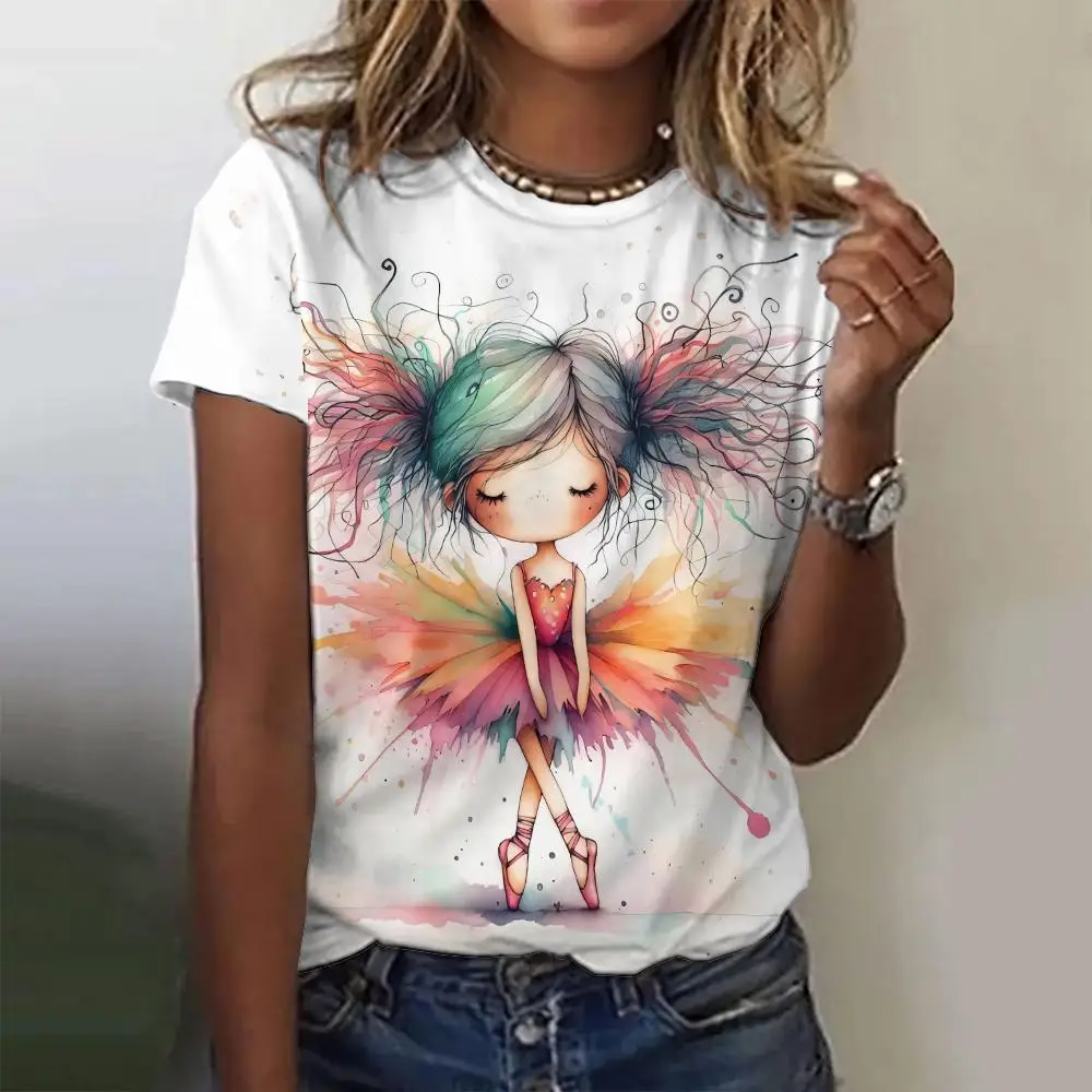 Camiseta con estampado de dibujos animados para mujer, camiseta informal holgada de manga corta con cuello redondo