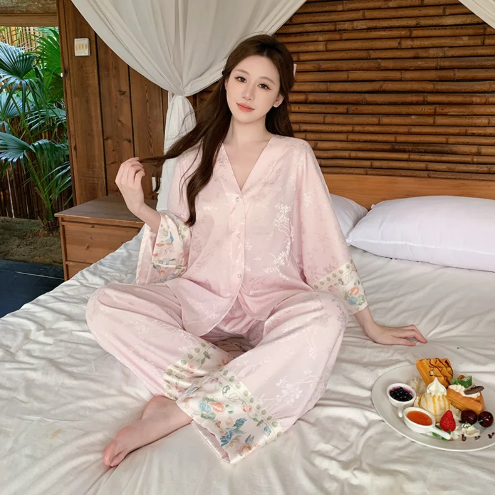 Temperament sleepwear women  Chinese style V-neck cardigan long pants two-piece set high-end Chinese style home clothes outside