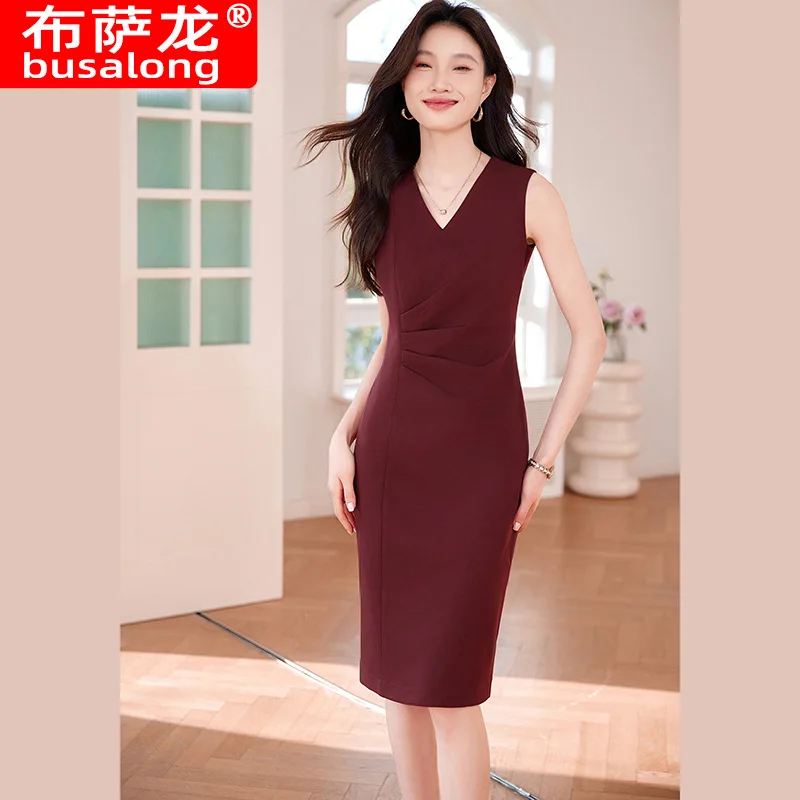 

Женское платье без рукавов с красным воротником, летнее, с застежкой на талии, элегантное, средней длины, профессиональное повседневное, элитное, 25Новый год