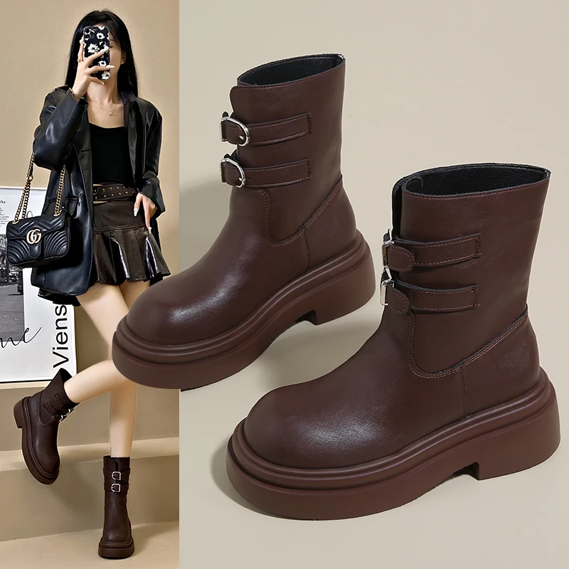 

Зимние ботинки на квадратном каблуке, женская обувь с круглым носком, распродажа, модные однотонные женские ботинки на высоком каблуке 2025, женские ботинки