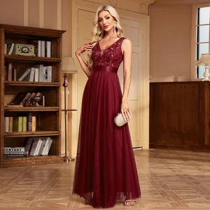 Vestidos sem mangas com decote em v, Bordado folha de tule, Vestido longo, Elegante vestido formal, Hot Sale 10 principais vendas vestido longo de festa bordado - №6