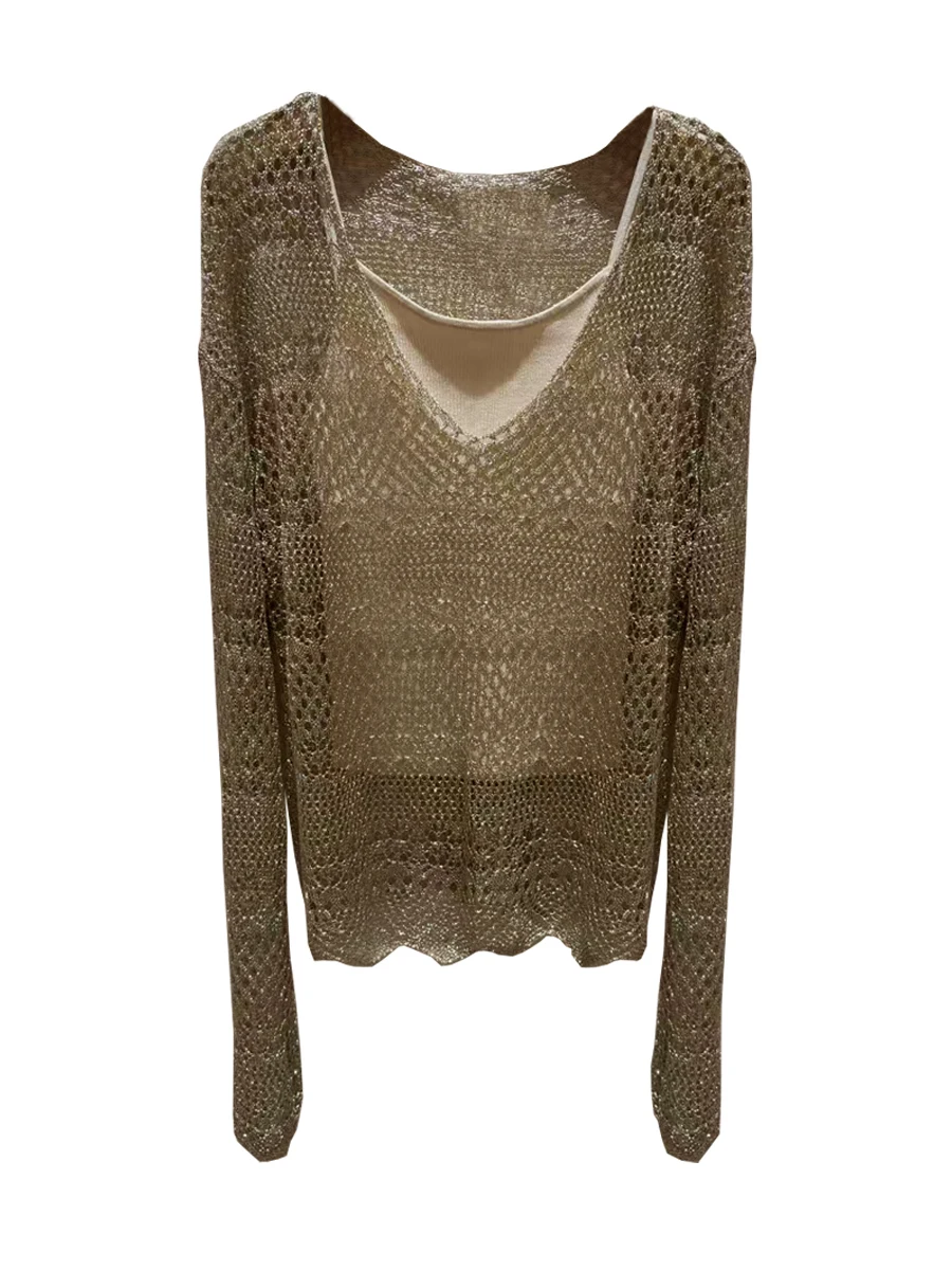 Strukturierte Strickwaren Me Hollow Out Zweiteiliges Set Faionable Sommer Neuankömmling JOOva Lady Commute Sle Slim Fit Long Sve