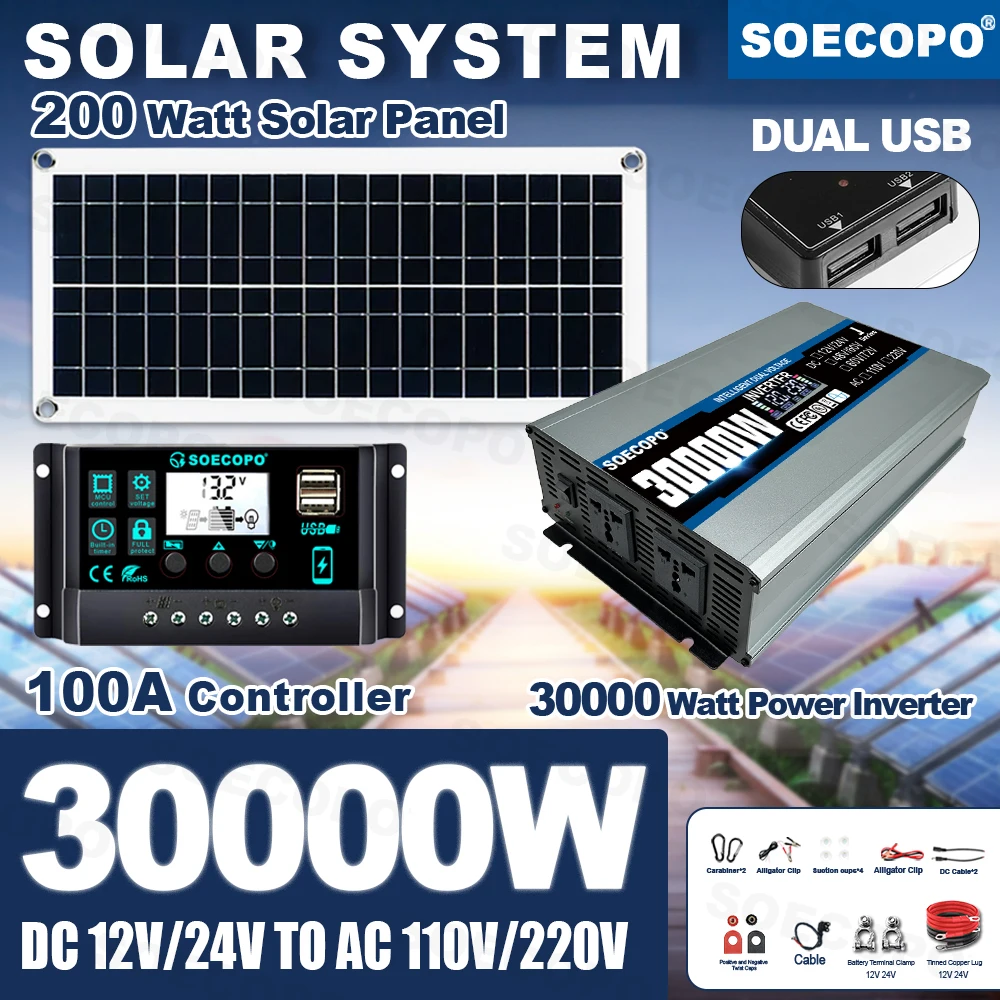 SOECOPO 30000W 태양광 시스템 키트 200W 패널 듀얼 12V/24V에서 110V/220V 인버터 (2 소켓) 100A 컨트롤러 캠핑 및 가정용