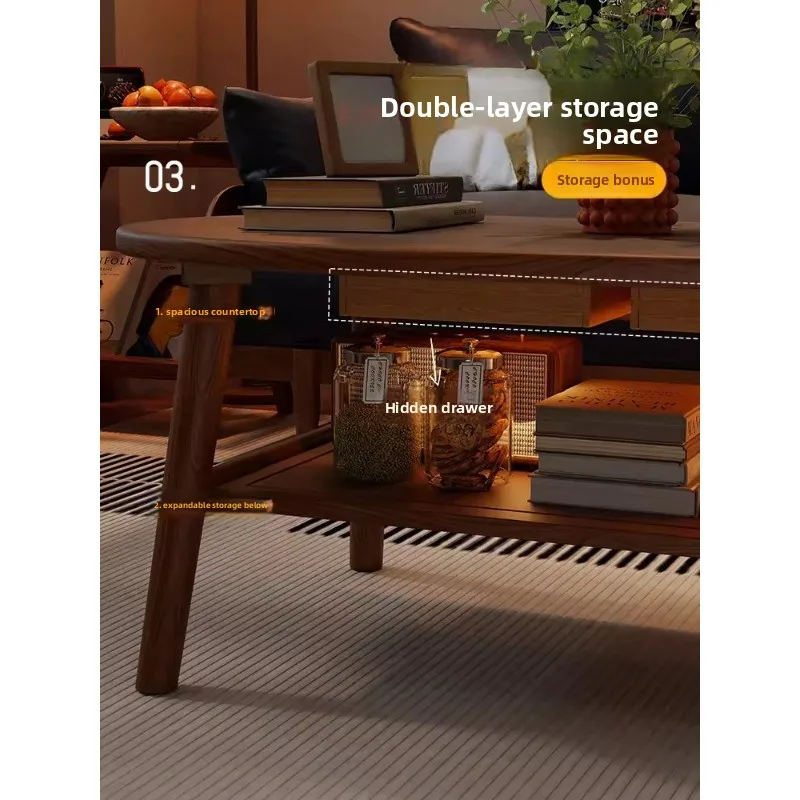 Solid wood living room coffee table, household medieval small apartment double-layer solid wood coffee table