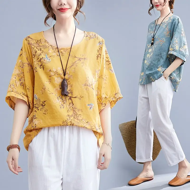 

Women's Mom Short Sleeve Cotton and Linen Top Women's Summer Thin Fashion High-end Belly Cover Top Printed Shirt Plus Size