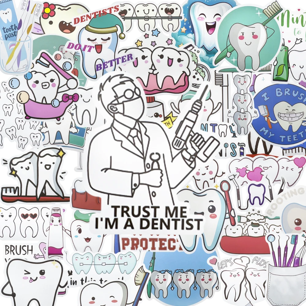 50Pcs Cute Cartoon Protect Tooth Stickers Brushing Pattern Molar Toothbrush Shape Sticker Dentistry Graffiti Gift Clinic Decor