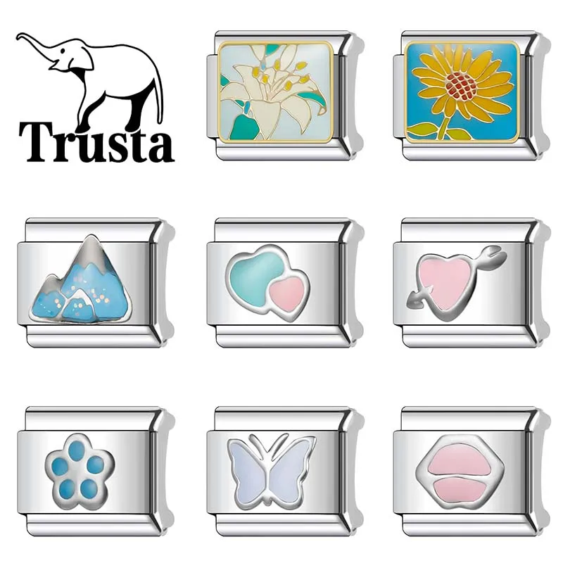 Trusta 2024 New Women Fashion Sis Mouth Heart Charm Italian Links Fit 9mm Stainless Steel Bracelet for Women DIY Jewelry N189