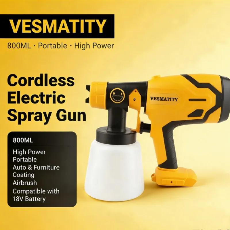 Portable Cordless 800ML Electric Spray Gun High Power Paint Sprayer Airbrush Auto Furniture Coating Compatible with 18V Battery
