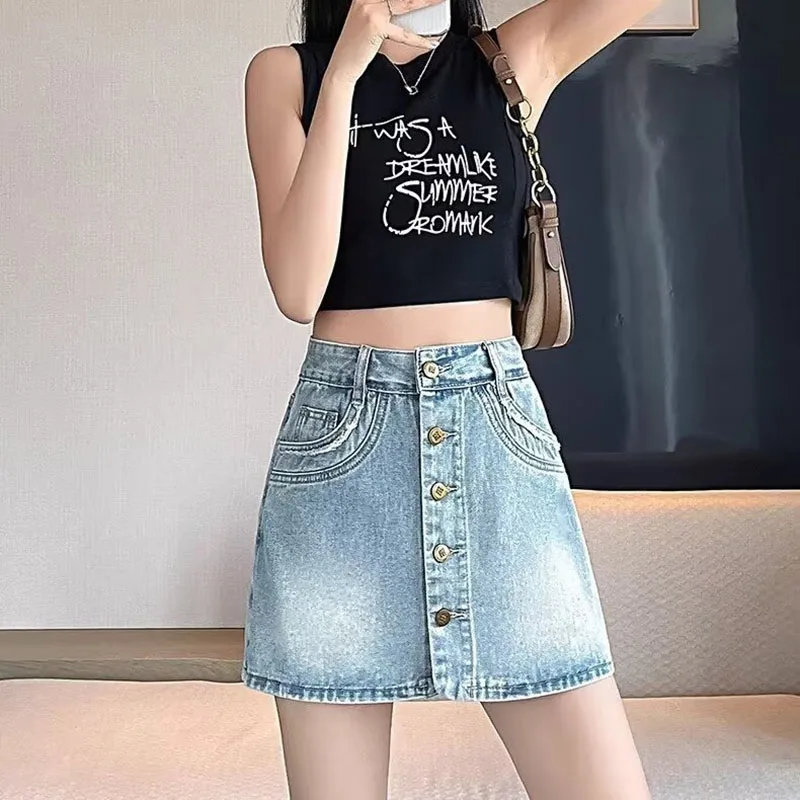 Summer Women's Single Breasted Denim Skirt American Casual Fashion Washed Blue Female A-line High Waist Fringe Skirt Shorts