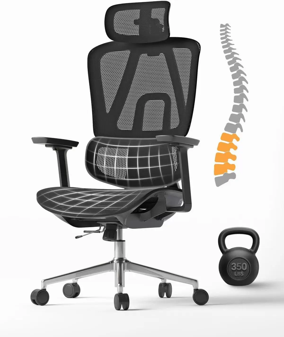 

Ergonomic Office Chair With 3D Lumbar Support/Headrest/Armrest/, Mesh Executive Office Chair With Seat Depth & Height