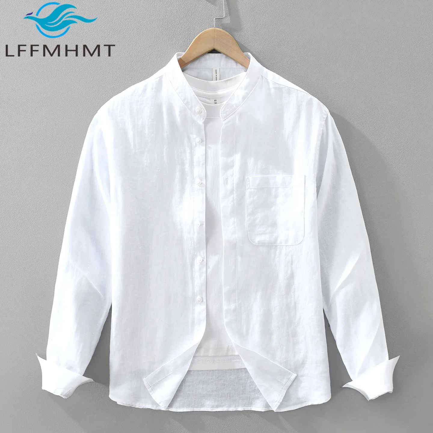 Men Japanese Stand Collar 100% Linen Long Sleeve Shirt Solid Minimalist Breathable Premium Quality Loose Button Up Daily Tops
