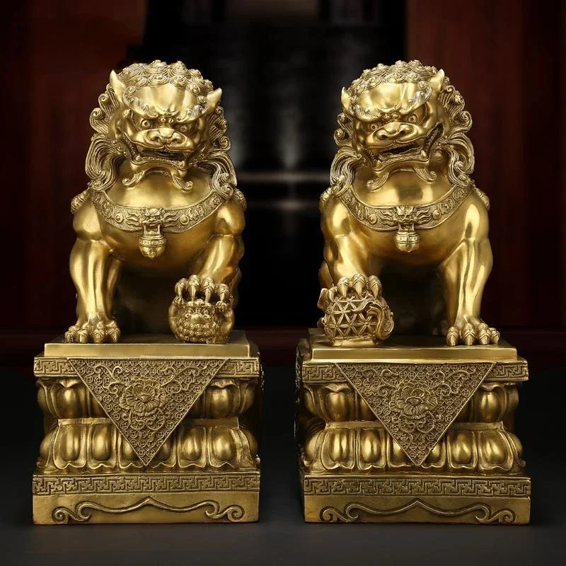 2pcs Feng Shui  Attracting Wealth Pure Copper Lion Ornaments Decoration Home Living Room Bedroom Office Figurines