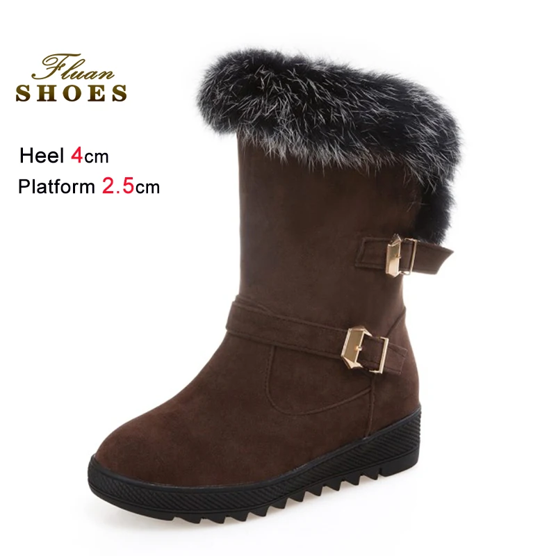 

4CM Wedge Suede Ankle Boots Metal buckle Winter Outdoors Warm Snow Anti-Slip Shoes For Women Rabbit hair Short Booties Size 43