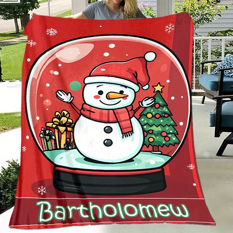 Customizable snowman and Christmas tree polyester blanket suitable for all seasons, coarse knitting, machine washing, personaliz