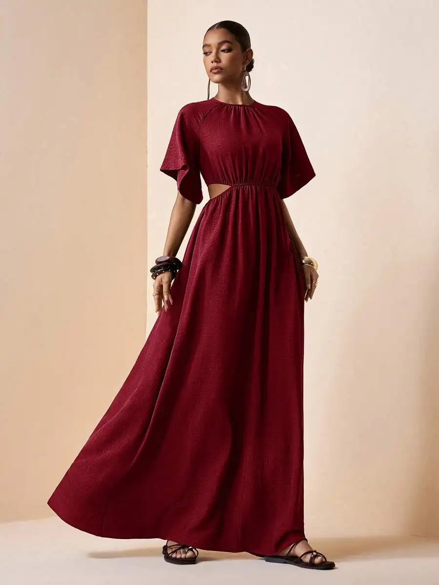 

Burgundy Maxi Dress With Ruffle Sleeves Hollow Waist Casual Loose Round Neck