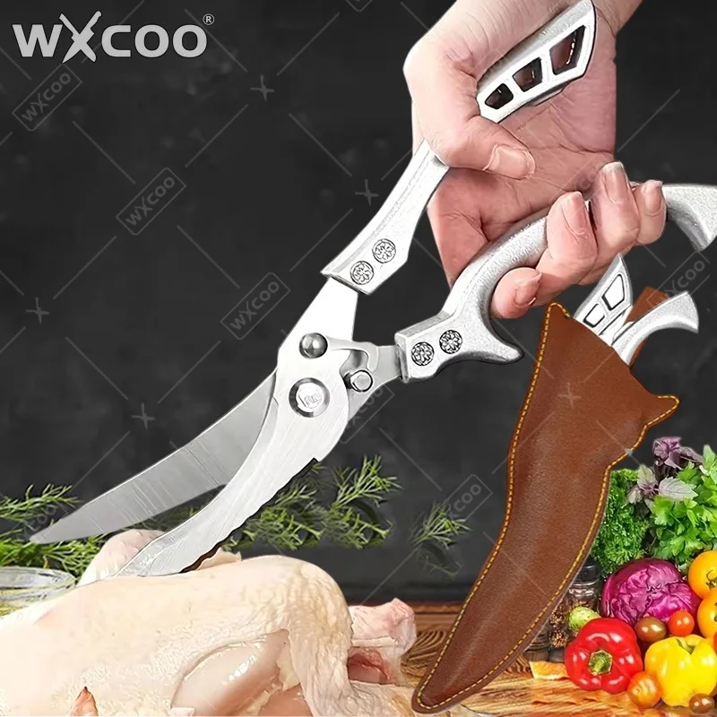 WXCOO Stainless Steel Kitchen Scissors MultiFunction Cutting Fish Meat Vegetables Effort-Saving BBQ Chicken Bone Scissors