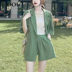 Summer Office Lady Elegant Fashion Short Sleeve Blazer Shorts Set Female Solid Loose Casual Suit Women's Clothing Coat Jacket