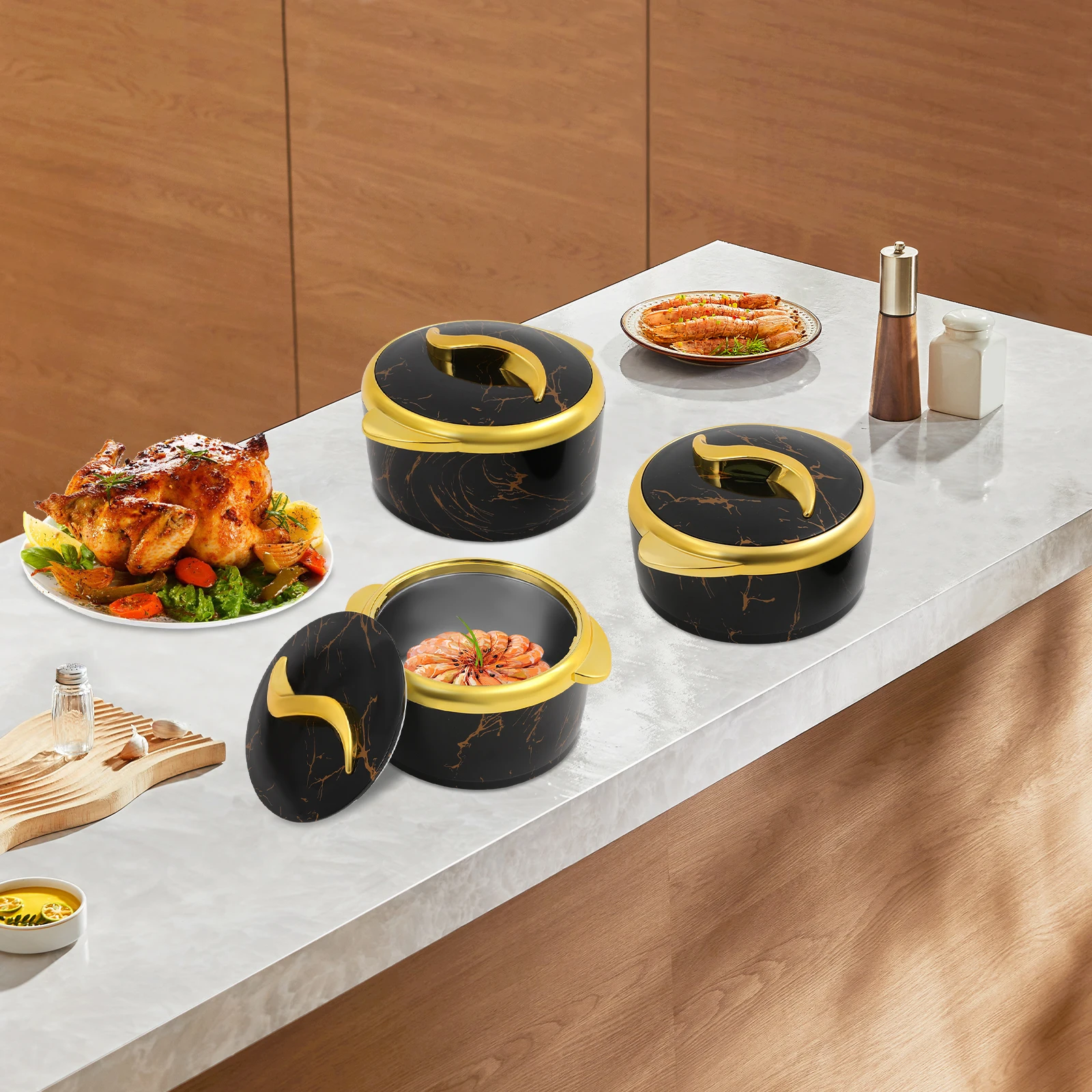 

3Pcs Insulated Stainless Steel Containers ((1.5L/2L/2.5L), Thermal Serving Bowls with Lids, for Hot & Cold Food, Black+Gold