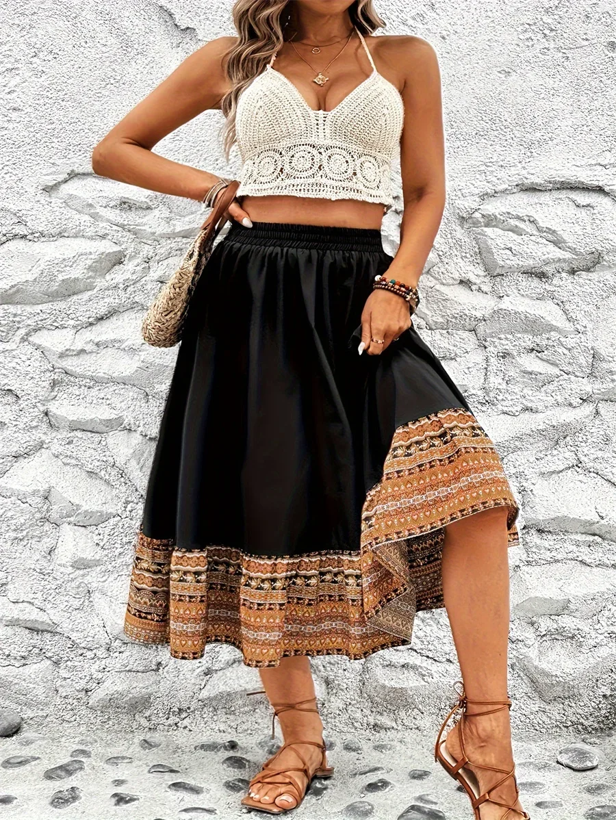 

Ethnic Style Holiday Print A-Line Skirt Women's Summer High Elastic Waist Beach Casual Big Swing Long Skirts New