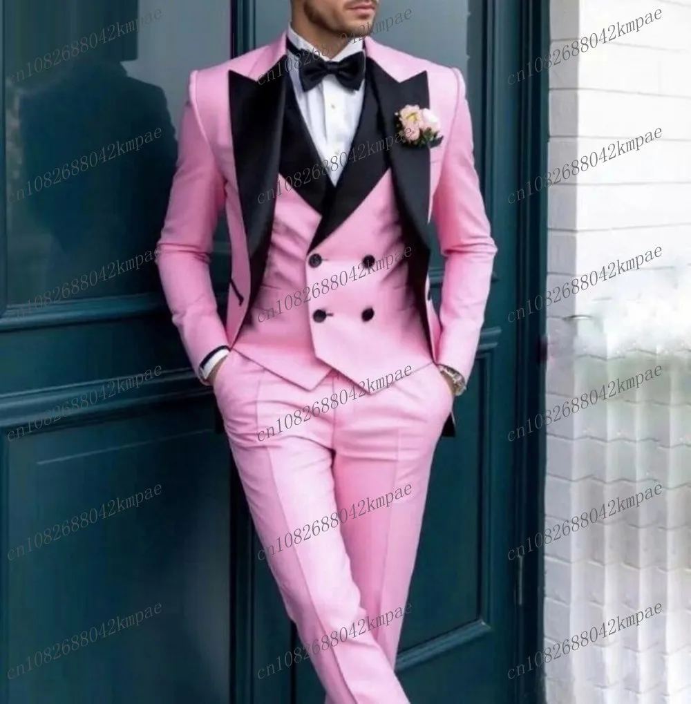 

Black Collar Pink Business Formal Men Suit Groom Groomsman Wedding Party Prom Male Tuxedos 3 Piece Set Blazer Vest Pants