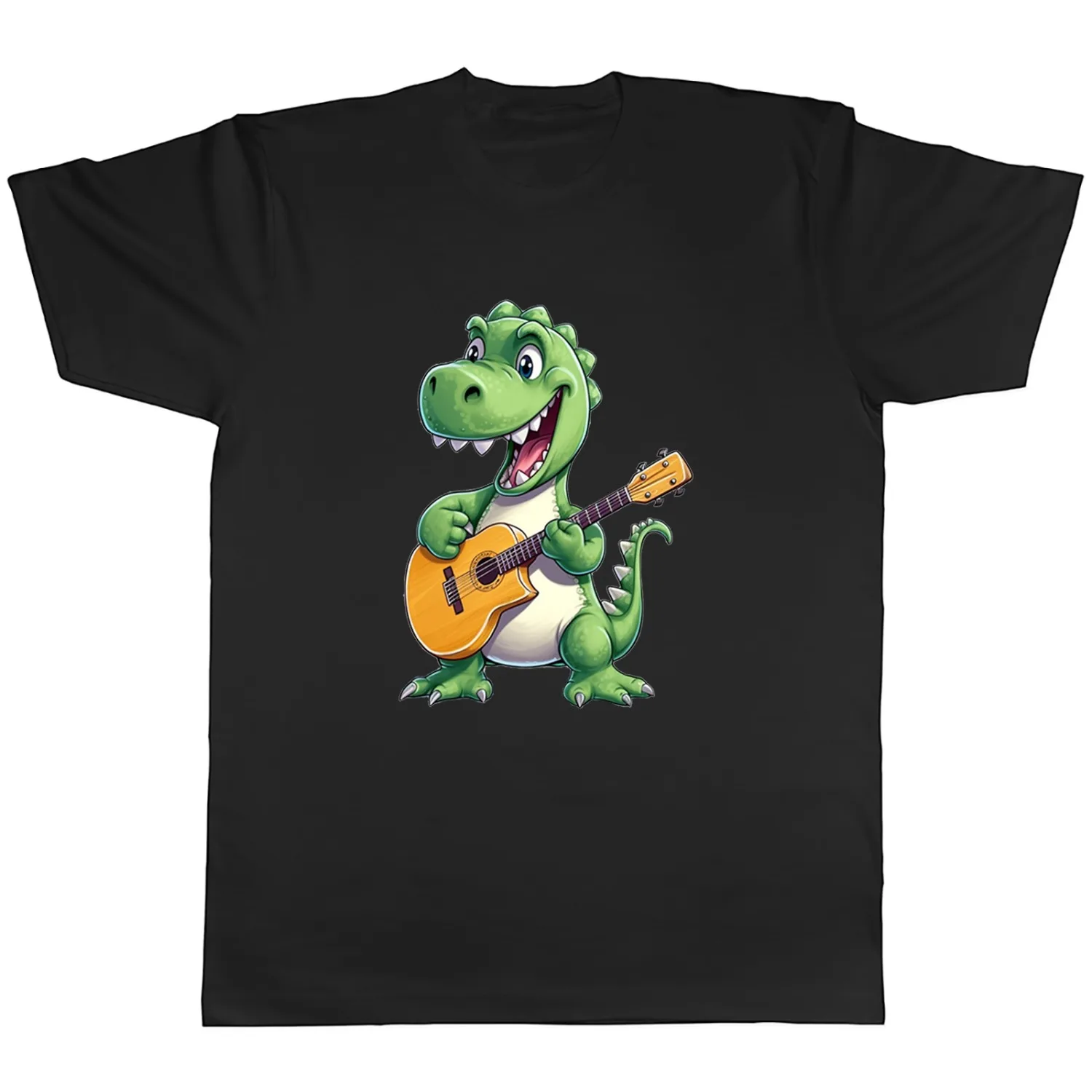 Cute Green T-Rex Playing Acoustic Guitar Graphic T-Shirt Men Women Rock Dinosaur Casual Cotton Short Sleeve Tops