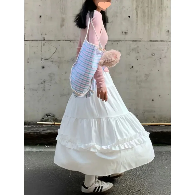 

White Midi Skirt for Women Cute Slimming A Line Pleated Flared Skirt Puff Cake Style Trendy Summer Fashion Skirt High Quality