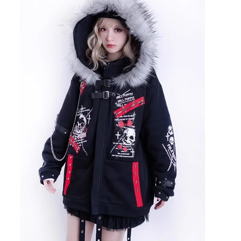 2024 Y2K Japanese Cute Punk Skull pattern Women\'s winter jacket Rivet chain zipper collar men\'s jacket hoodies clothing