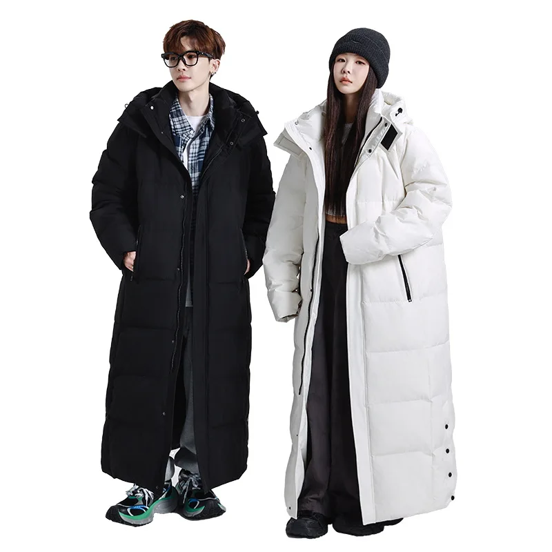 Men Thick Down Jacket Hooded Down Coats Covered Button Outerwear Ankle Length Cardigan Women Winter Spliced 2025 Pockets Casual