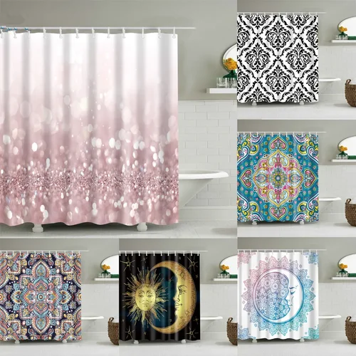 만다라 꽃 기하학적 달 및 태양 샤워 커튼, 욕실 커튼, 패브릭 방수 폴리에스터 목욕 커튼, 후크 포함  Best5