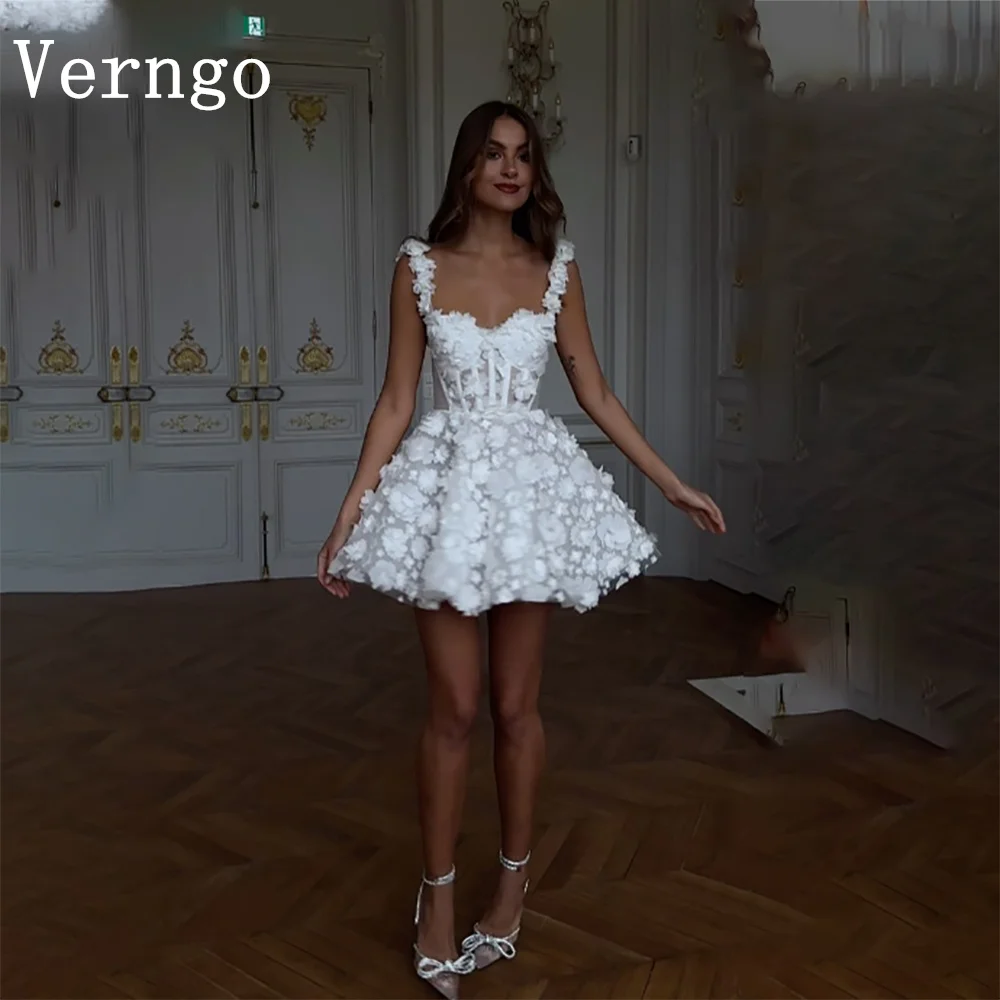 Verngo White 3D Flowers Mini Evening Dress For Women Sweetheart A Line Short Prom Gown Lace Up Elegant Prom Dress Customized