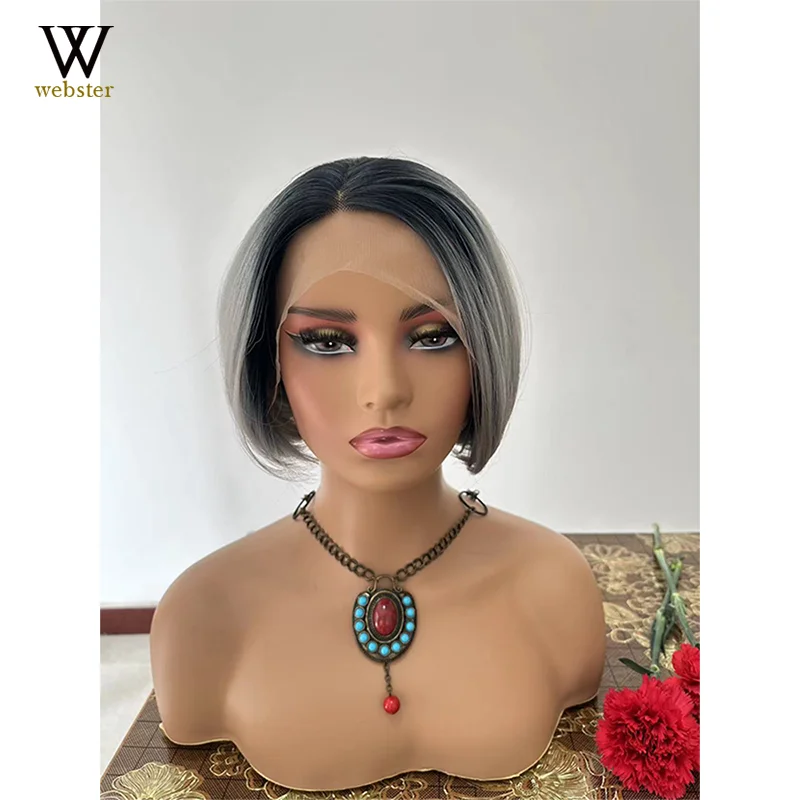 

Webster Black Ombre Grey Color Side Part BOB Synthetic Lace Front Wig Cosplay For Women High Quality Glueless Heat Resistant