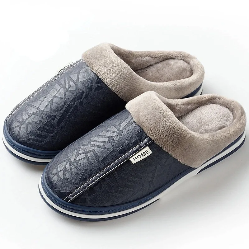 Women House Waterproof Warm Home Fur Slipper Male Couple Shoes Fluffy Big Size Casual Slide Men Slippers Indoor PU Leather