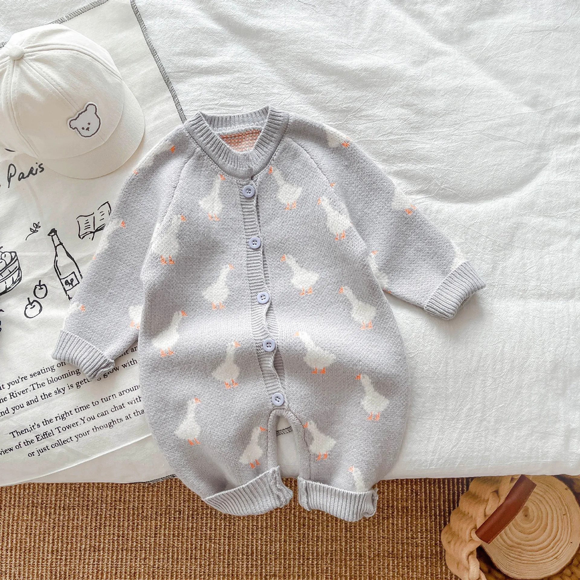 Baby Mädchen Jungen Niedlichen Cartoon Ente Frühling Herbst Langarm Stricken Strampler Infant Kinder Overalls