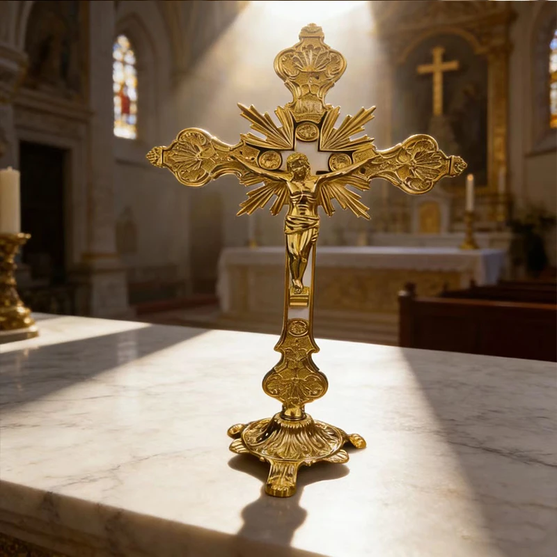 New 2026 Durable Gold-Plated Orthodox Altar Crucifix with INRI Engraving Standing Cross for Sacred Space and Worship Practices