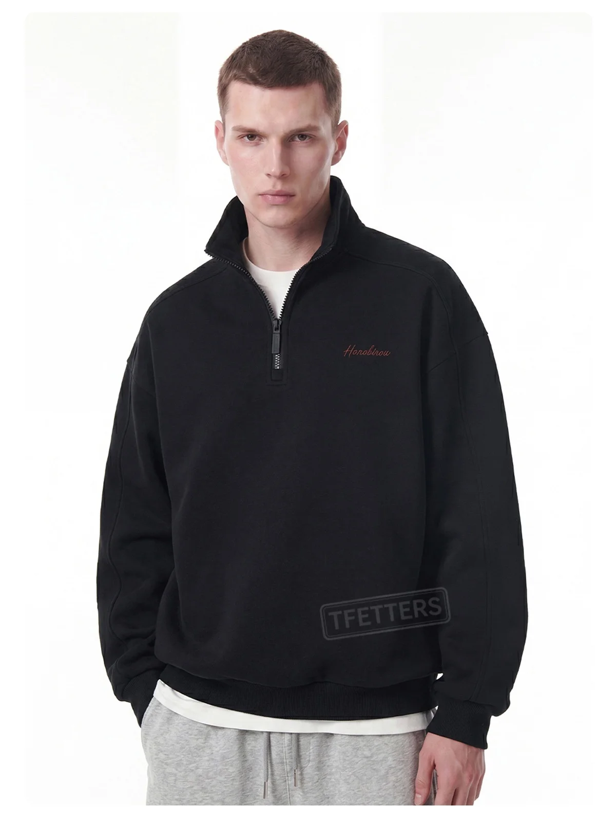 TFETTERS Fall Loose Cotton Half Zip Sweatshirt for Men Heather Gray Stand Collar Minimal Embroidered Casual Tops for Man EU SIZE
