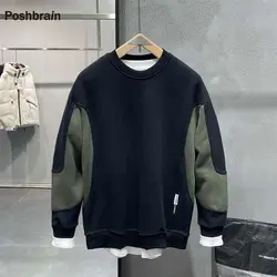 New Round Neck Hoodie for Men Trendy Color Blocking Splicing Youth Pullover Trendy Brand Long Sleeved Top