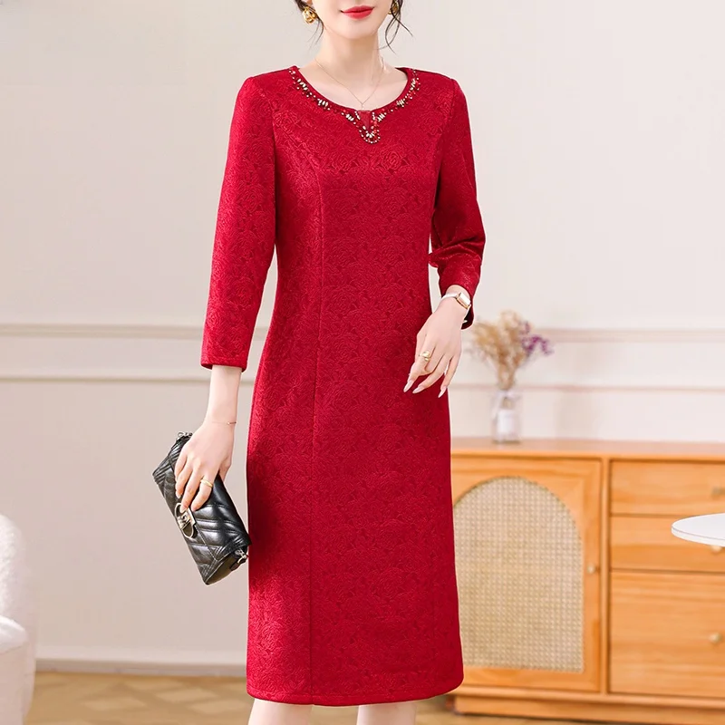 

Ele Mid-Length Dr for Middle-Aged Mothers Wedding Attire Spring Autumn Faion Korean Sle Loose Fit Polyester Blend