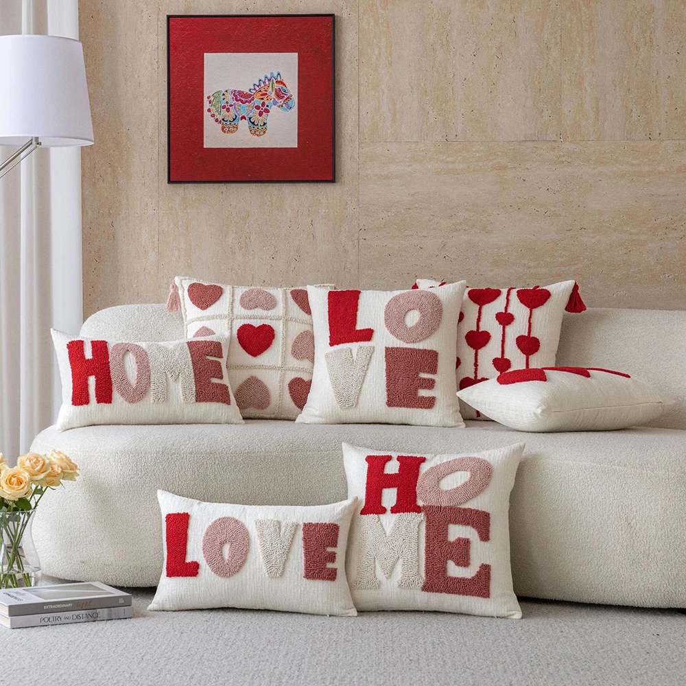 30x50/45x45cm Heart 3D Embroidery Throw Pillowcase Cojines Round Velvet Red Letter Headboard Cushion Cover Sofa Pillow Covers